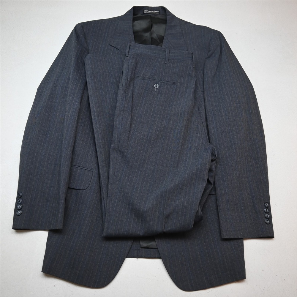 Vtg USA Made 40L 32x34 Gray Striped Wool Bootcut Mens Jacket Pants Suit